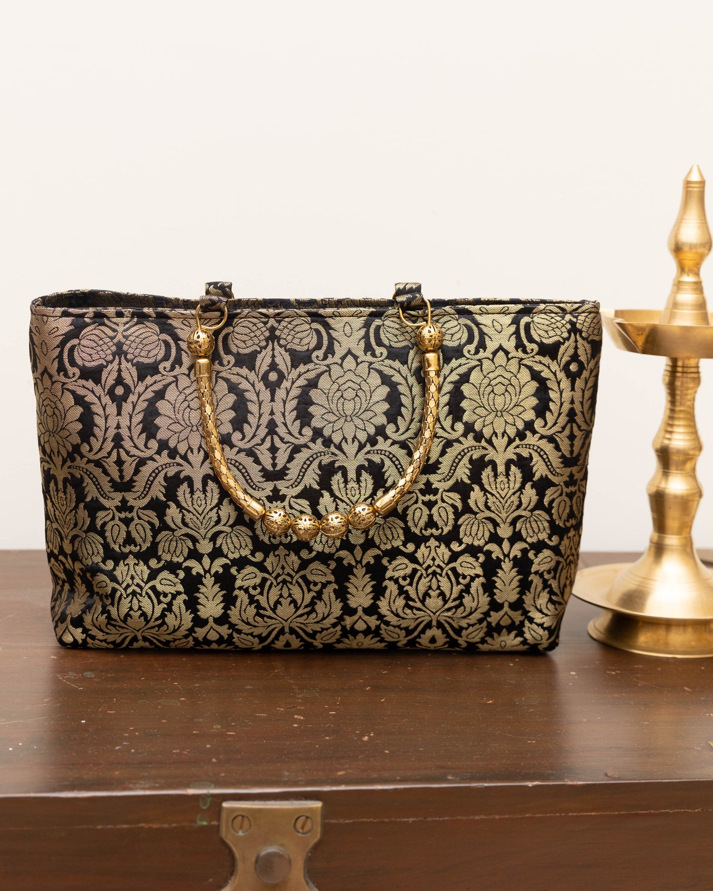 Black Banarasi Gold Handle Bag