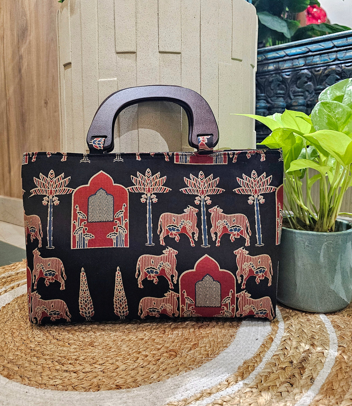Ajrakh Black Wooden Handle Bag