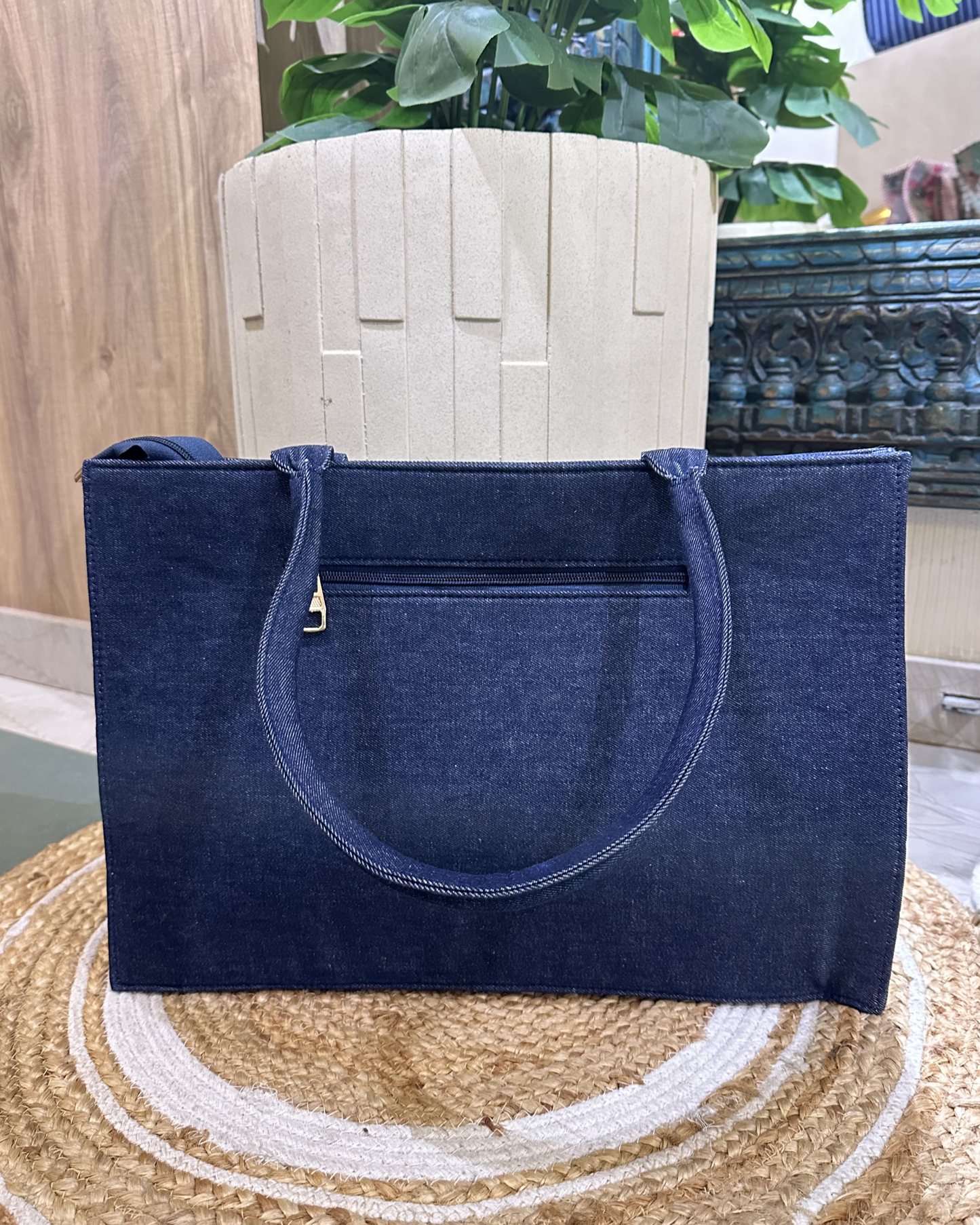 Hand-embroidered Denim Tote- Blue