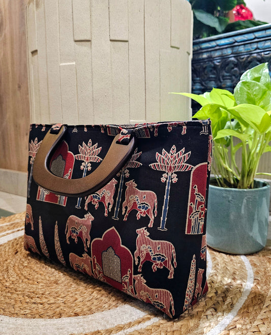 Ajrakh Black Wooden Handle Bag