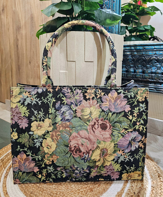 Black Floral Jacquard Box Tote