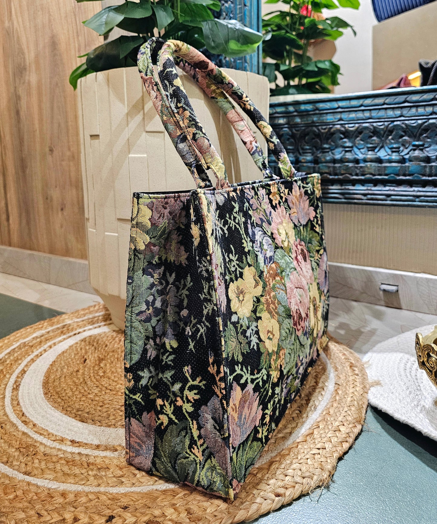 Black Floral Jacquard Box Tote