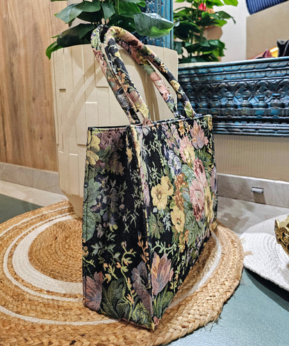 Black Floral Jacquard Box Tote