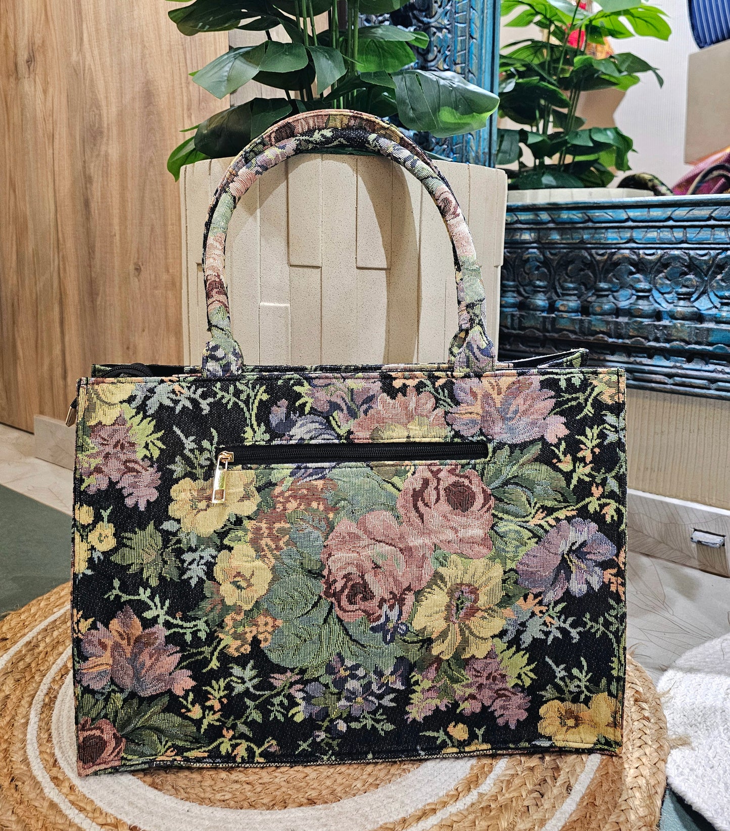 Black Floral Jacquard Box Tote