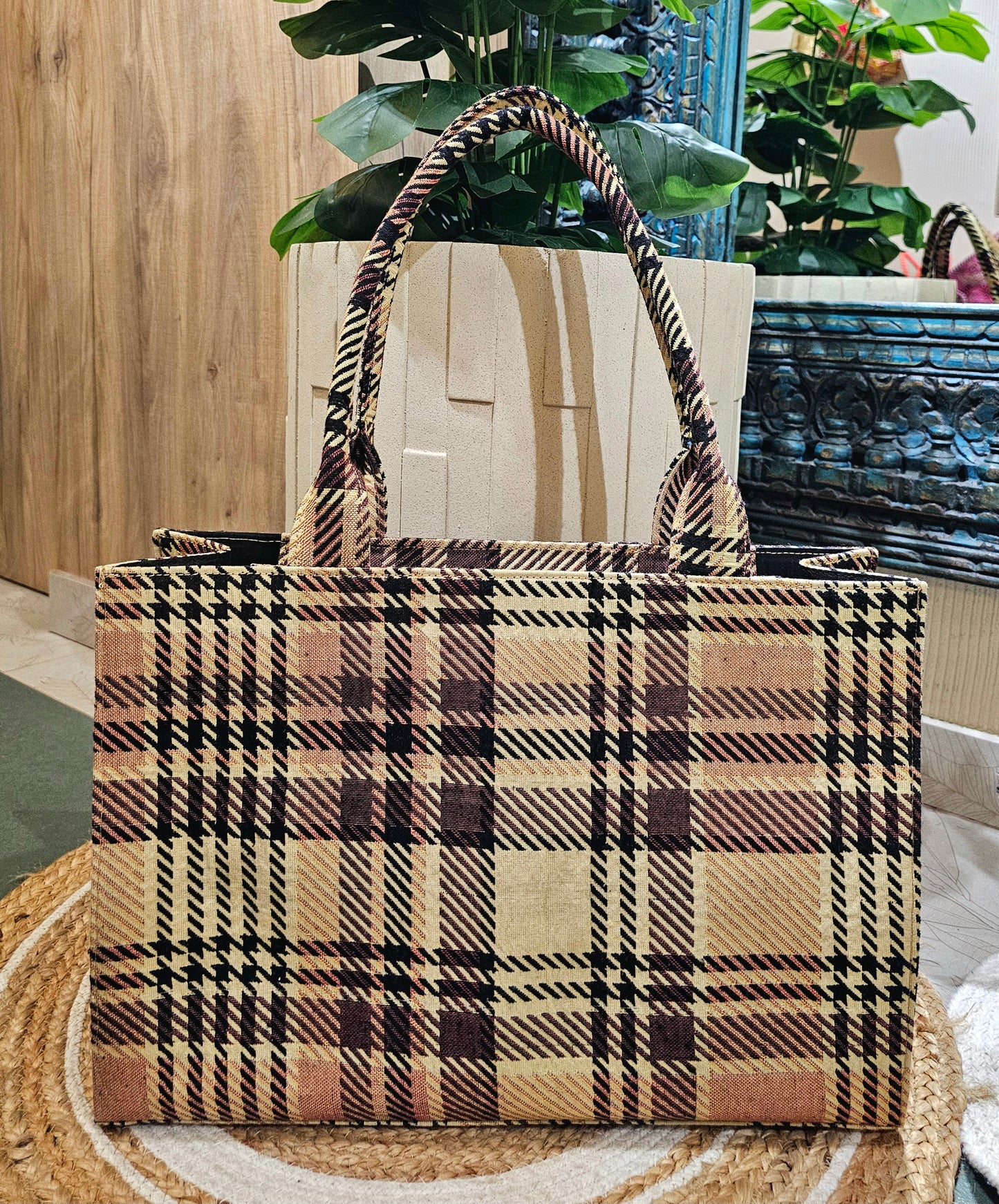 Brown Checkered Box Tote