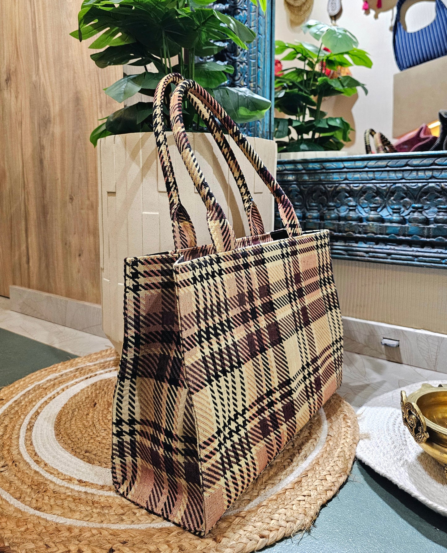 Brown Checkered Box Tote