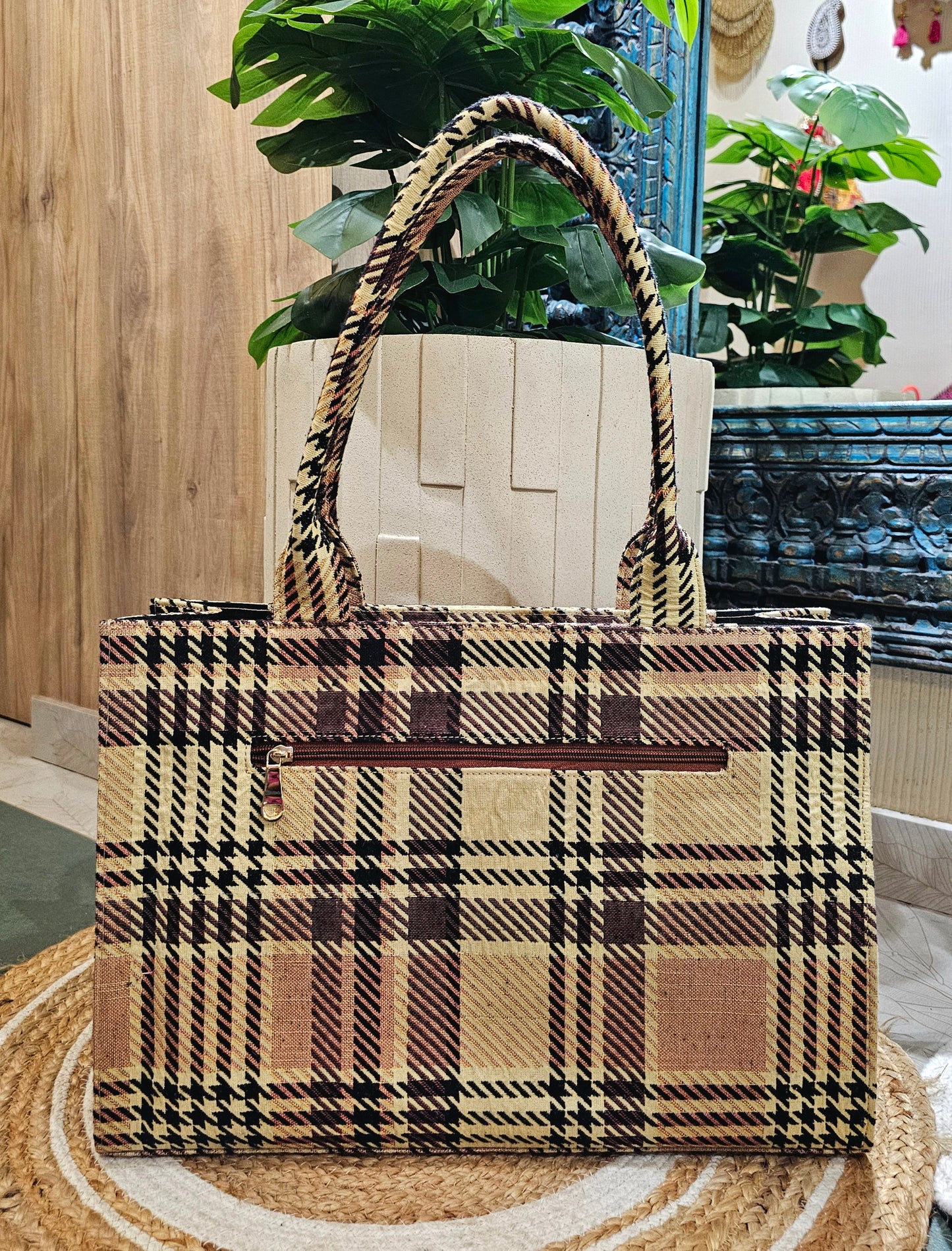 Brown Checkered Box Tote