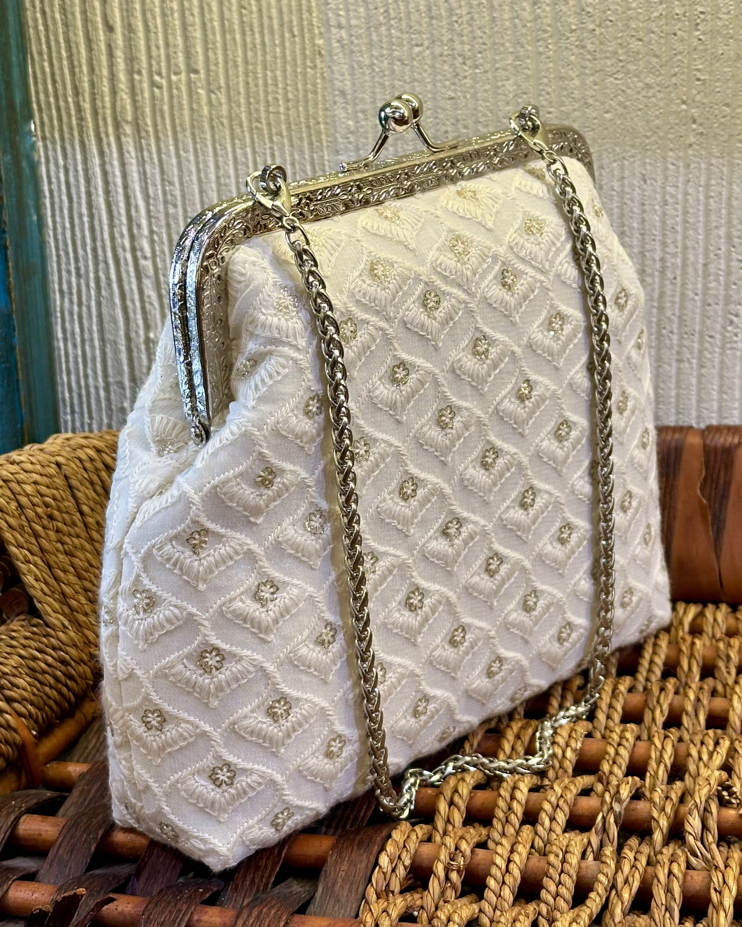 Silver Framed Chikankari Purse