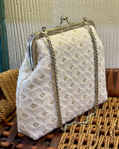 Silver Framed Chikankari Purse