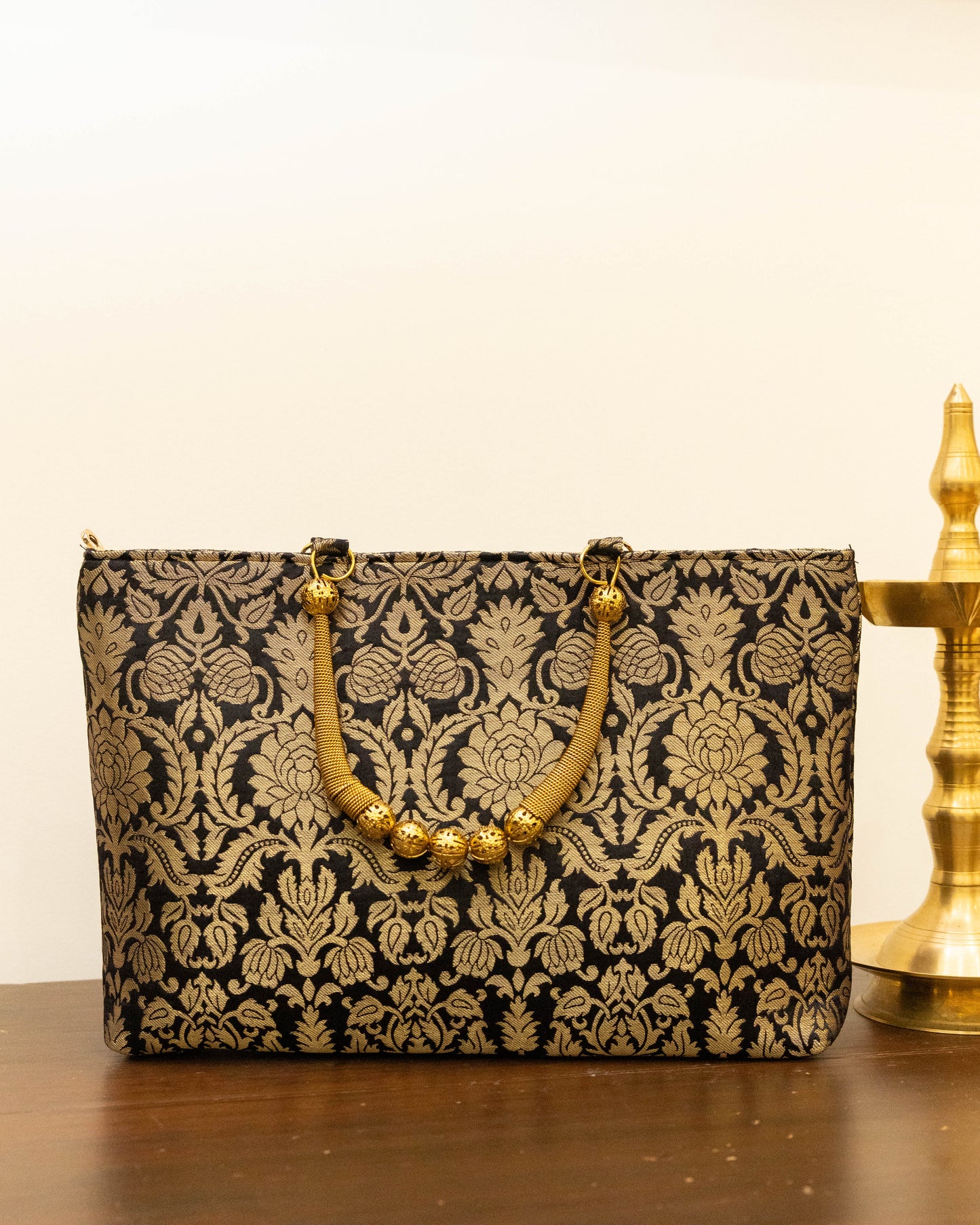 Black Banarasi Gold Handle Bag