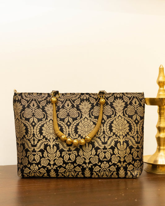 Black Banarasi Gold Handle Bag