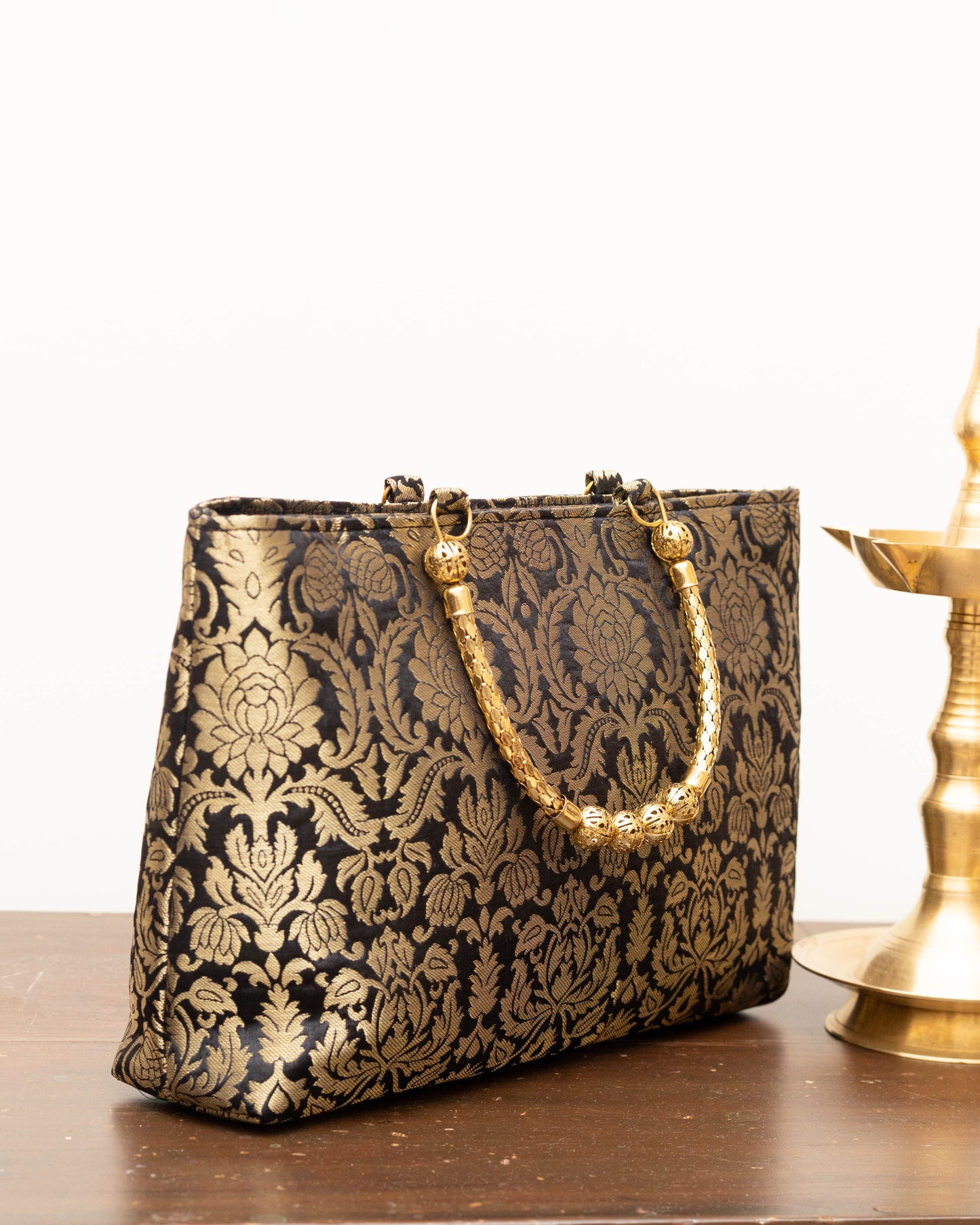 Black Banarasi Gold Handle Bag
