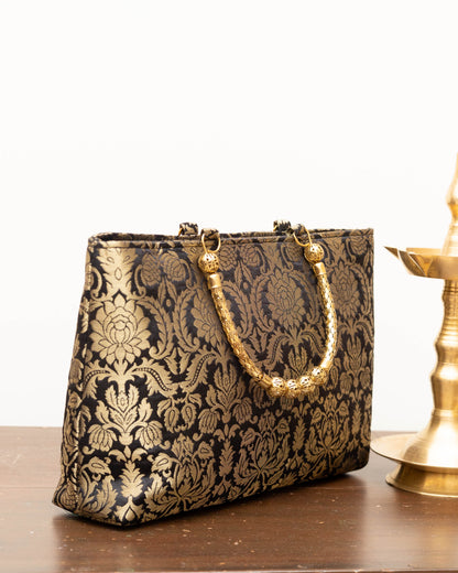 Black Banarasi Gold Handle Bag