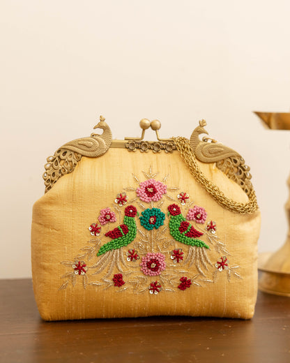 Peacock Framed Hand-Embroidered bag- gold
