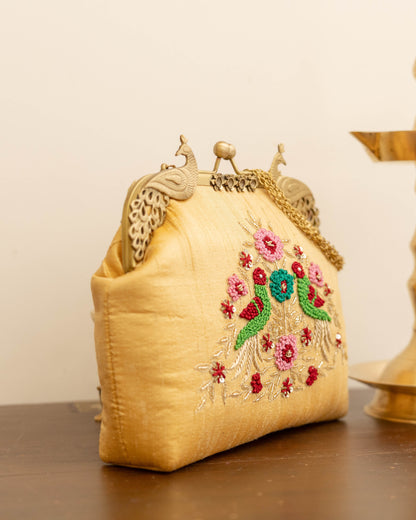 Peacock Framed Hand-Embroidered bag- gold