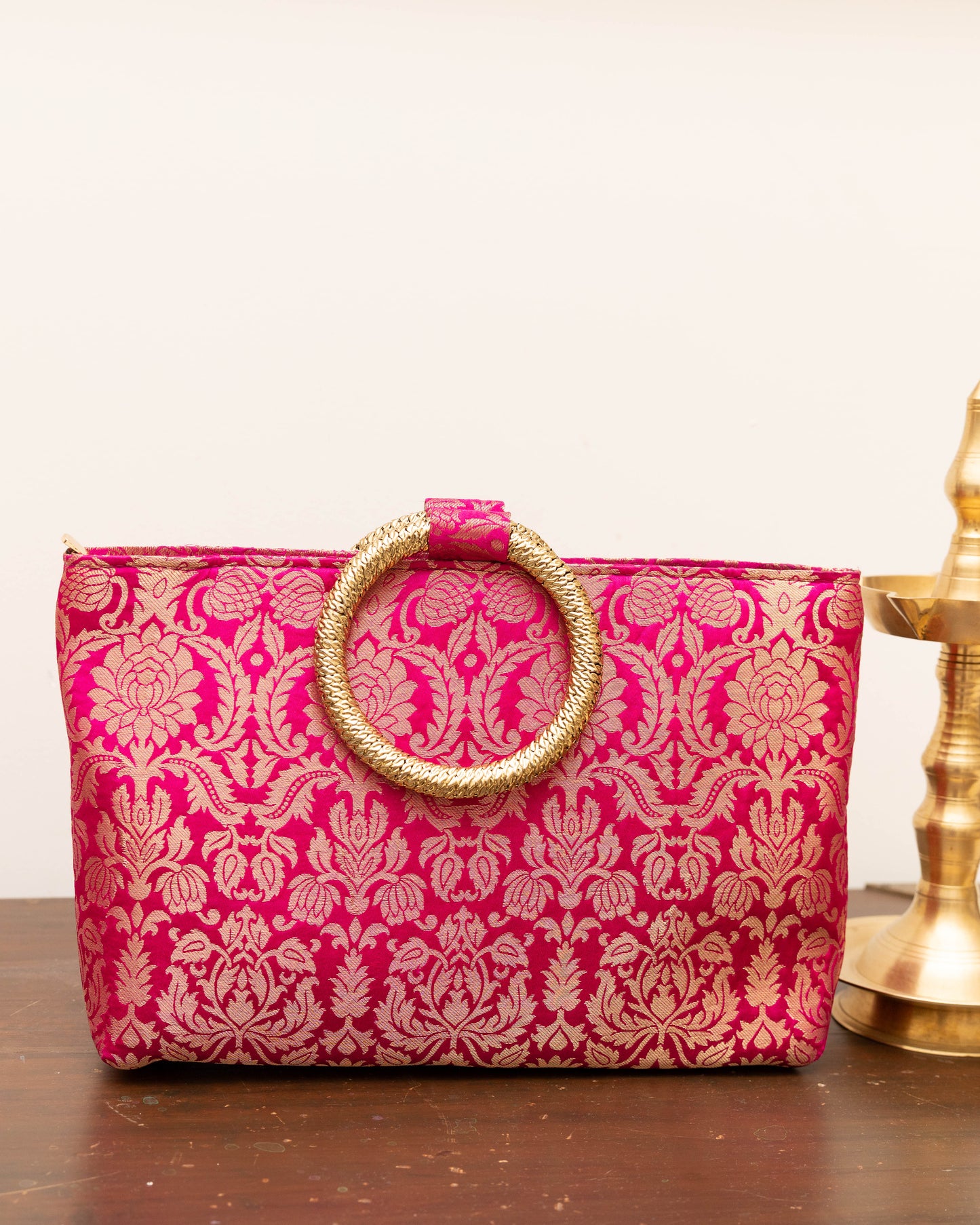 Pink Banarasi Gold Handle Bag