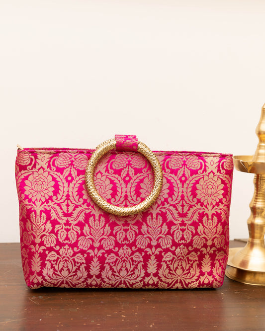 Pink Banarasi Gold Handle Bag