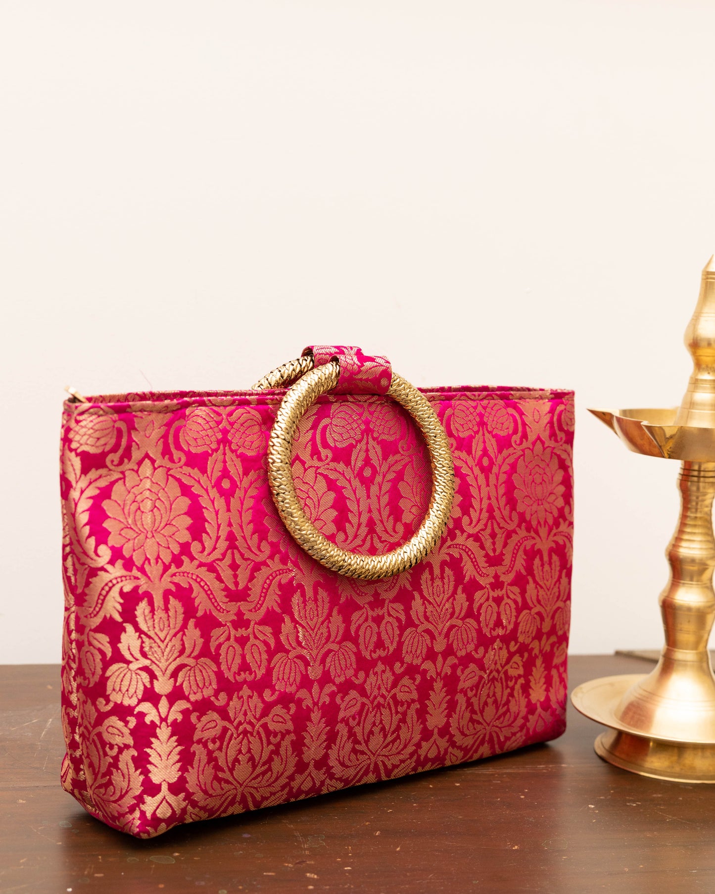 Pink Banarasi Gold Handle Bag