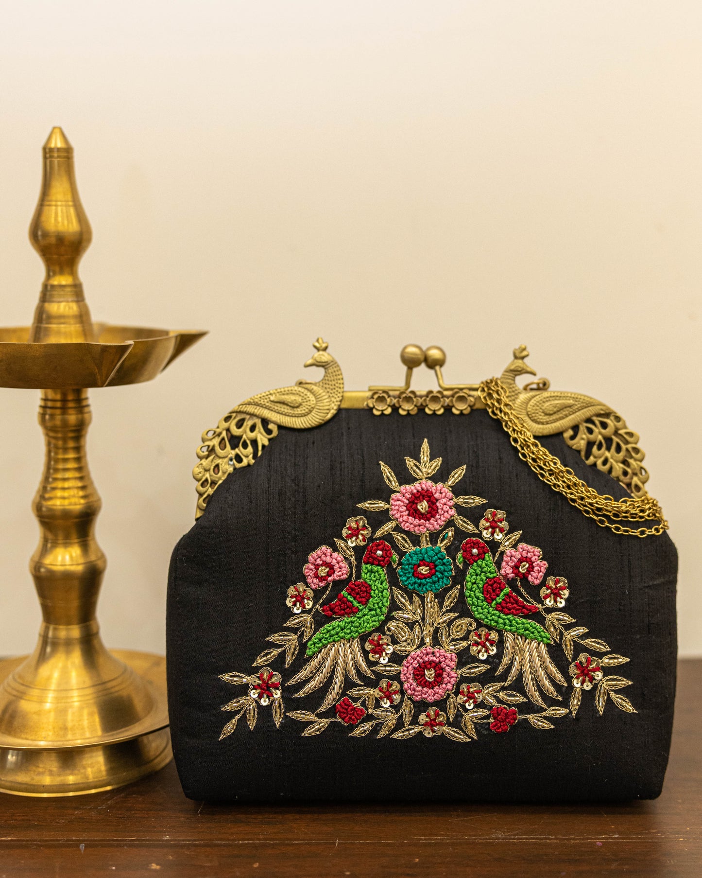 Peacock Framed Hand-Embroidered bag- Black