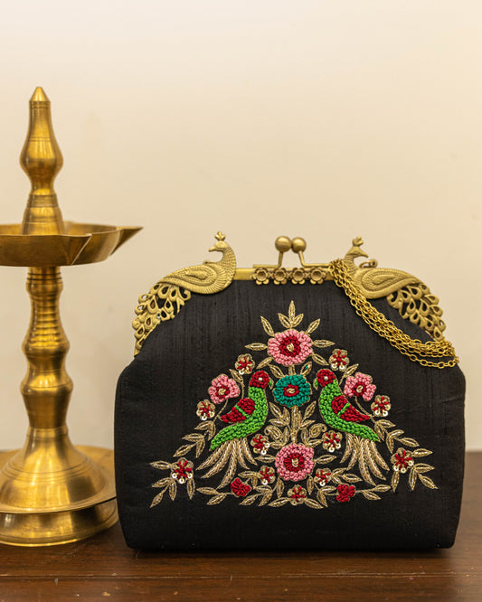 Peacock Framed Hand-Embroidered bag- Black