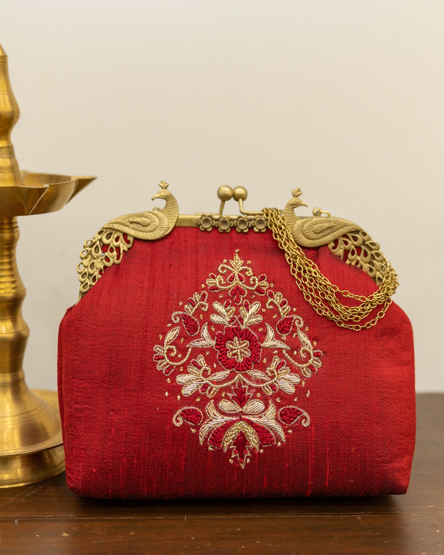 Peacock Framed Hand-Embroidered bag- Red