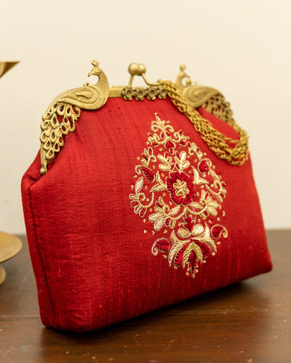 Peacock Framed Hand-Embroidered bag- Red