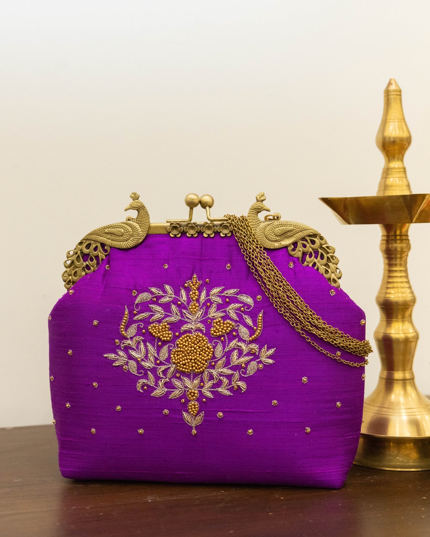 Peacock Framed Hand-Embroidered bag- Purple