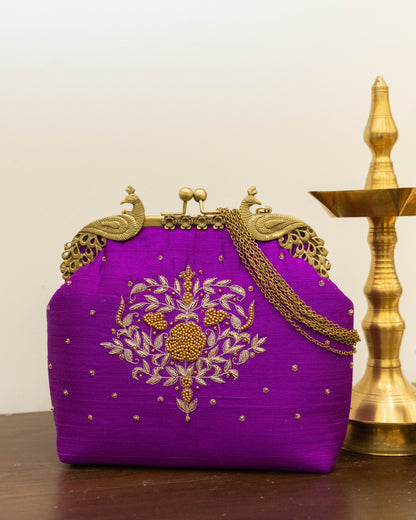 Peacock Framed Hand-Embroidered bag- Purple