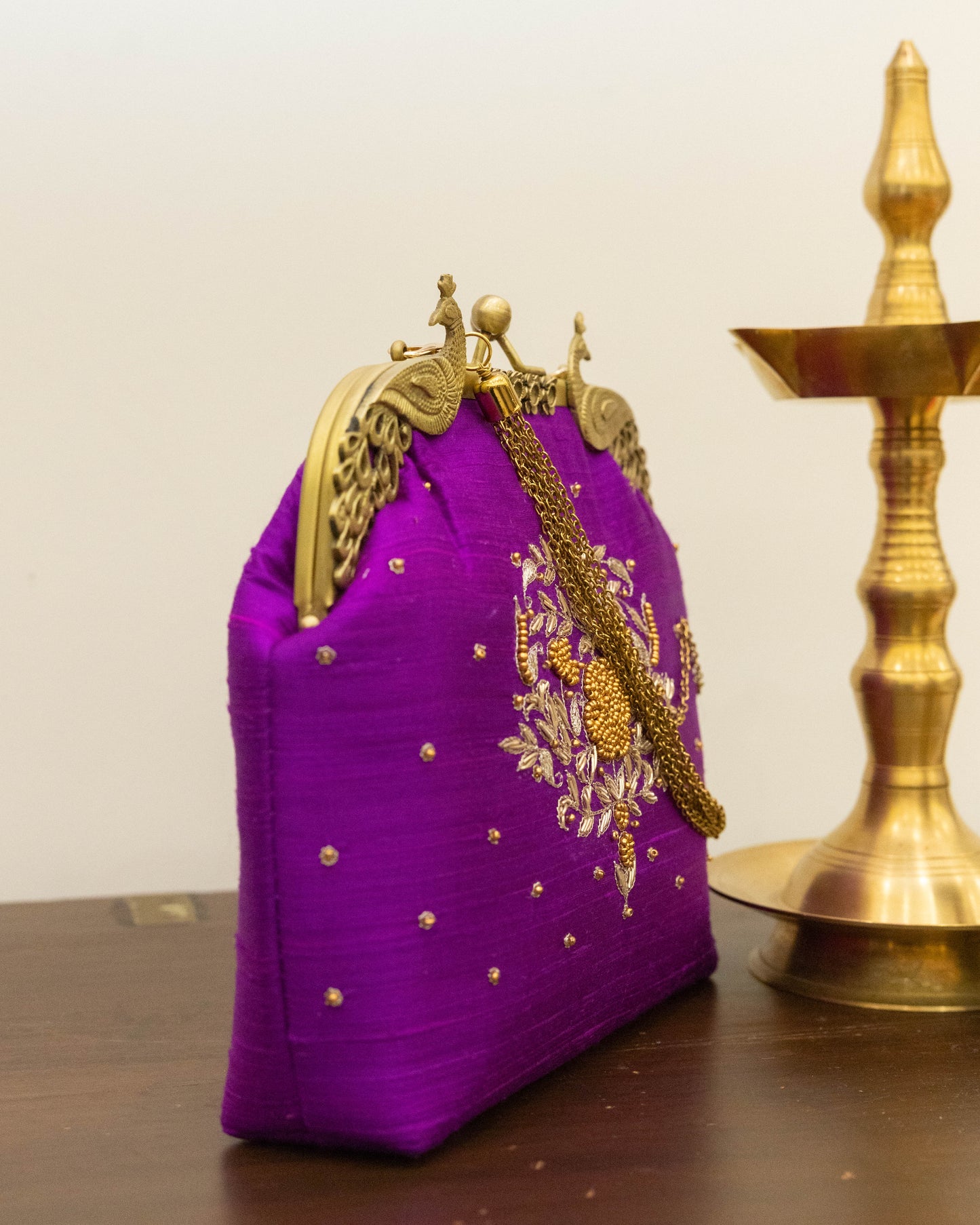 Peacock Framed Hand-Embroidered bag- Purple