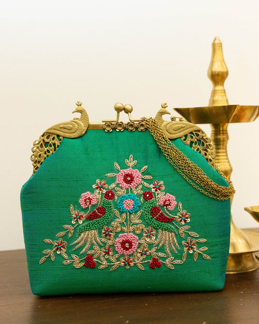 Peacock Framed Hand-Embroidered bag- green