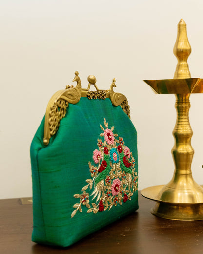 Peacock Framed Hand-Embroidered bag- green