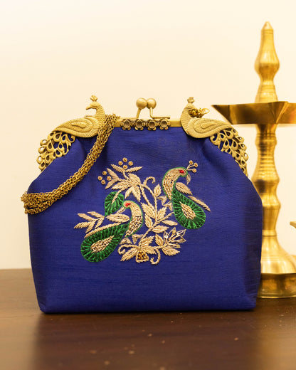 Peacock Framed Hand-Embroidered bag- Blue