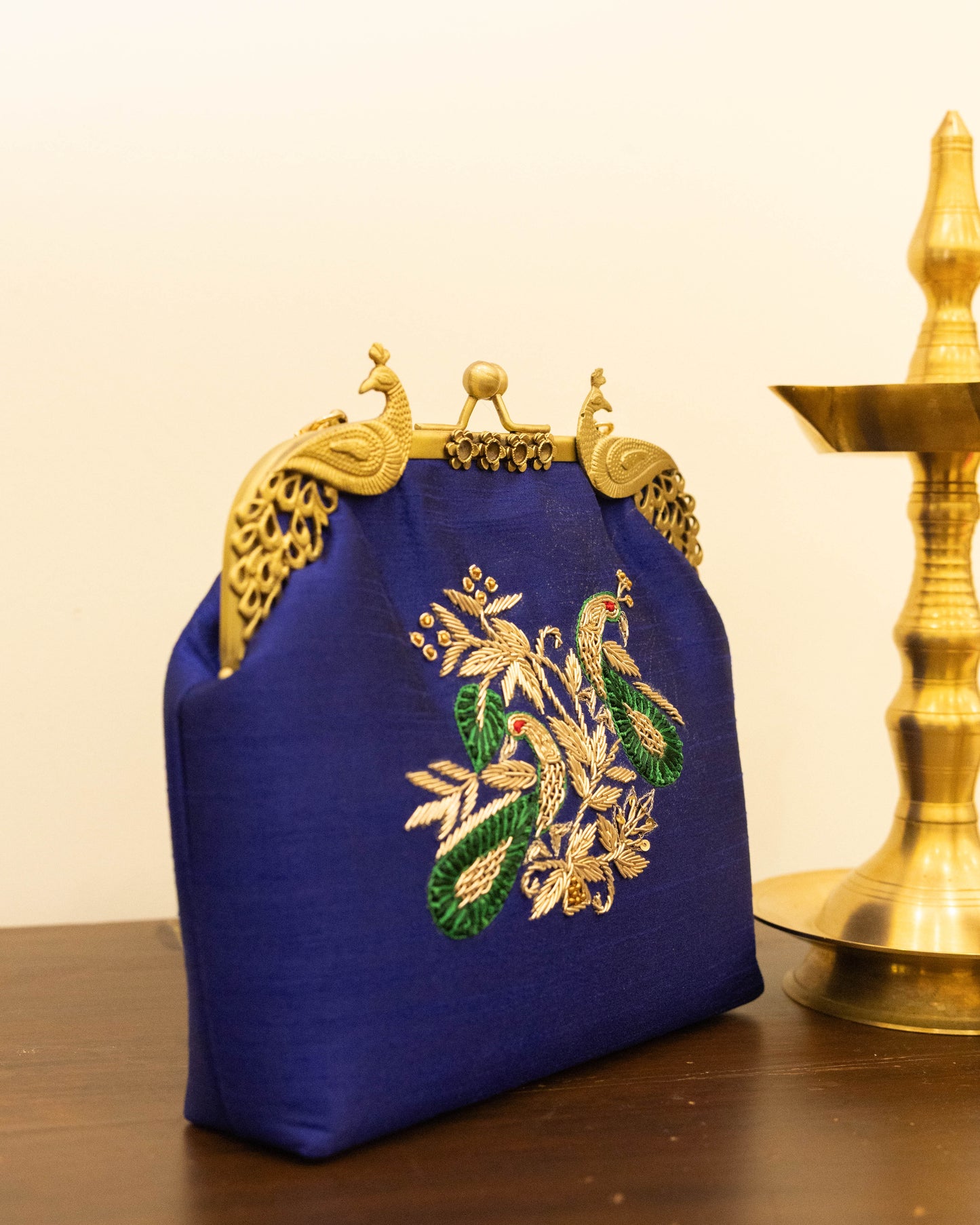 Peacock Framed Hand-Embroidered bag- Blue