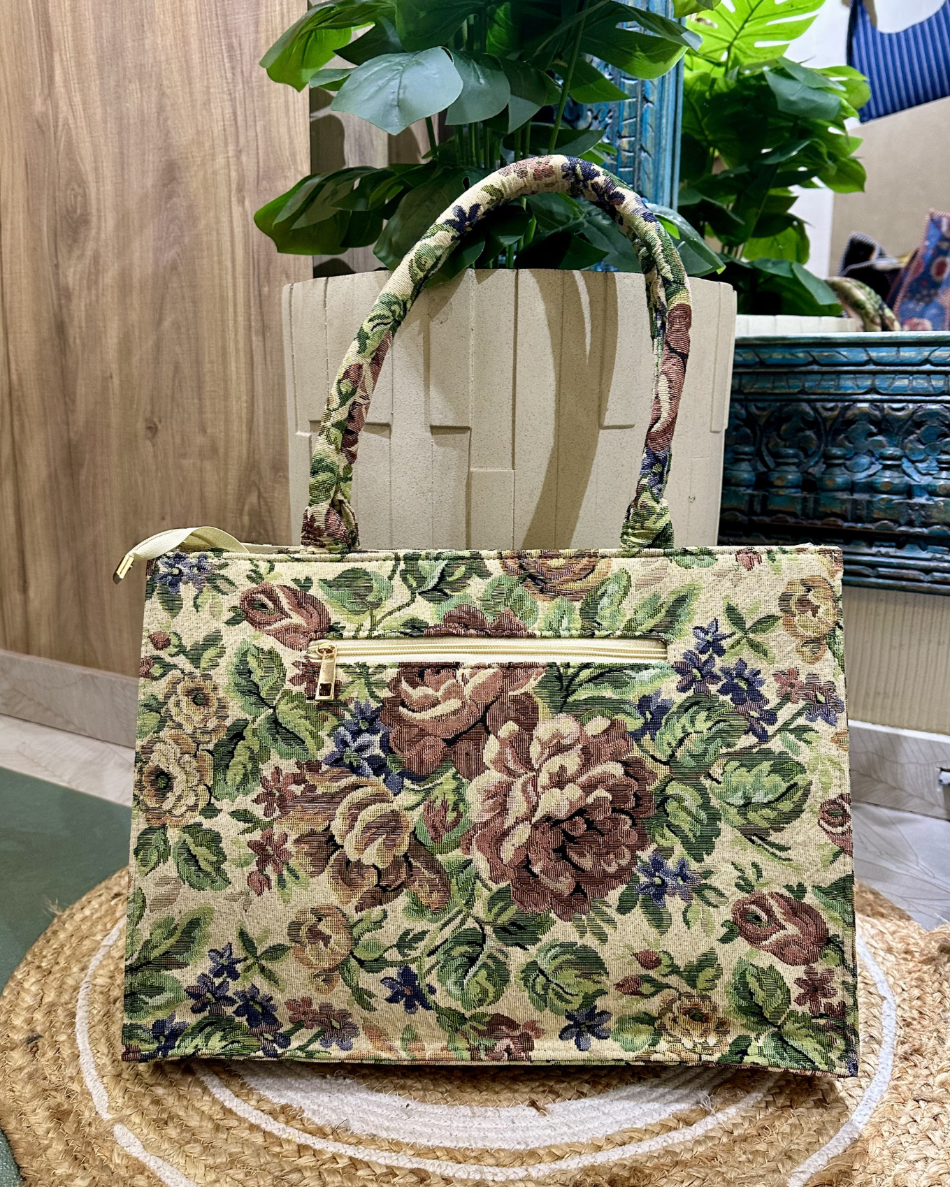 Beige Floral Jacquard Box Tote
