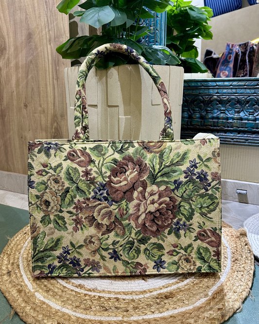 Beige Floral Jacquard Box Tote