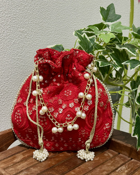 Red Pearl Handle Potli