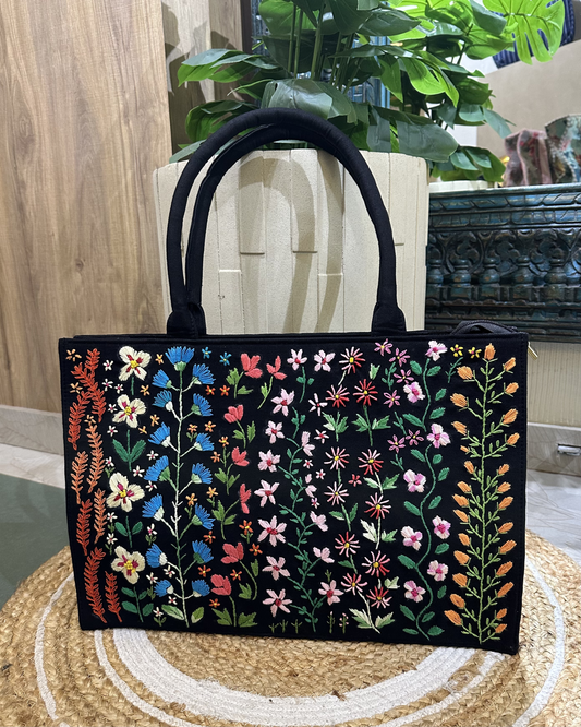 Hand-embroidered Denim Tote- Black