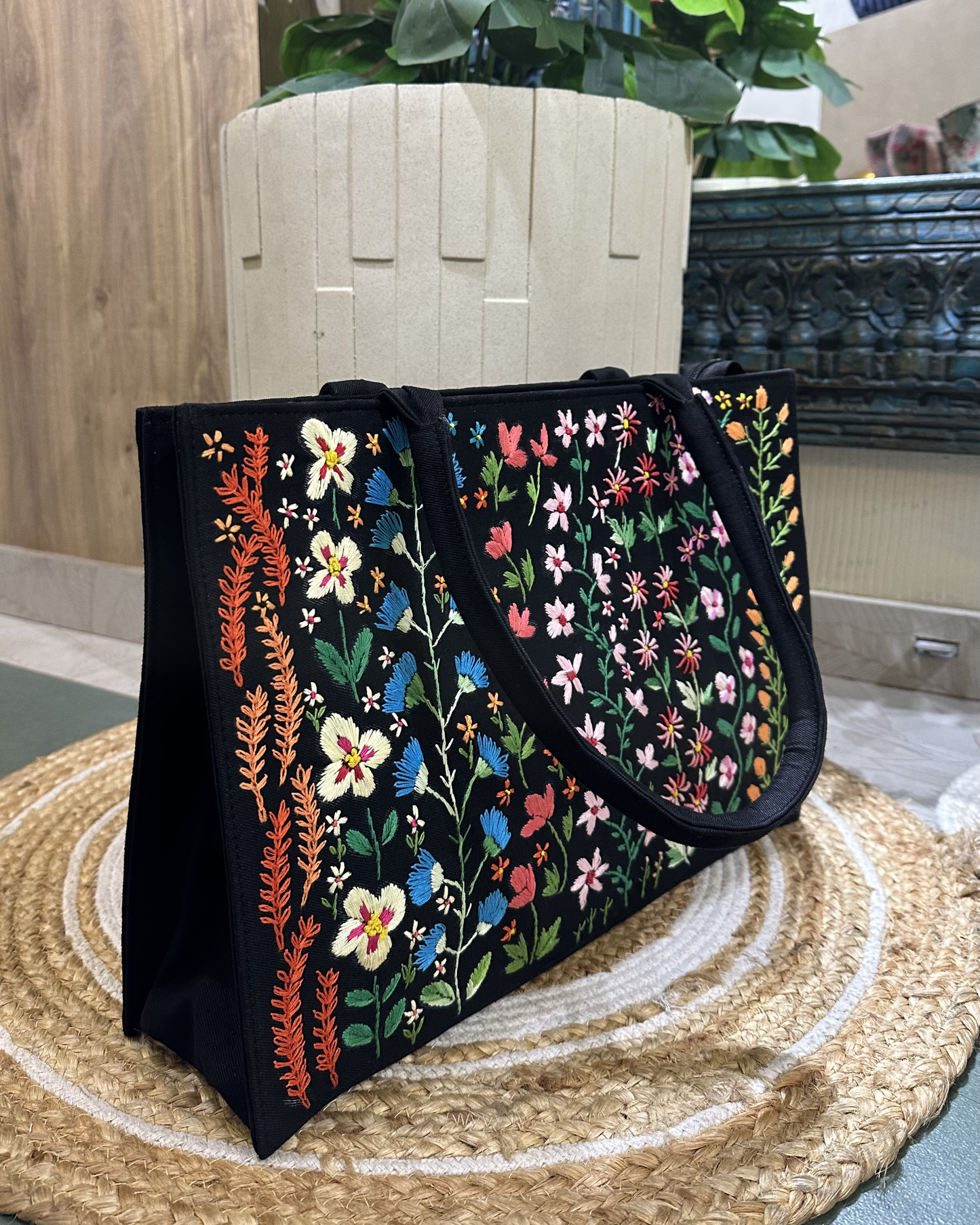 Hand-embroidered Denim Tote- Black
