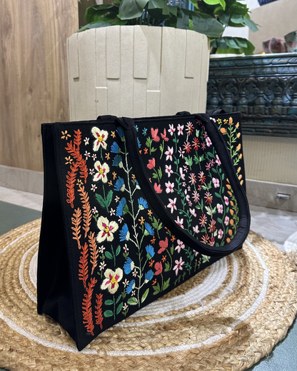 Hand-embroidered Denim Tote- Black