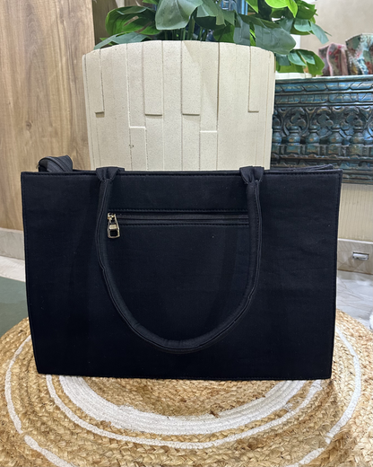 Hand-embroidered Denim Tote- Black