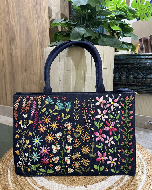 Hand-embroidered Denim Tote- Blue