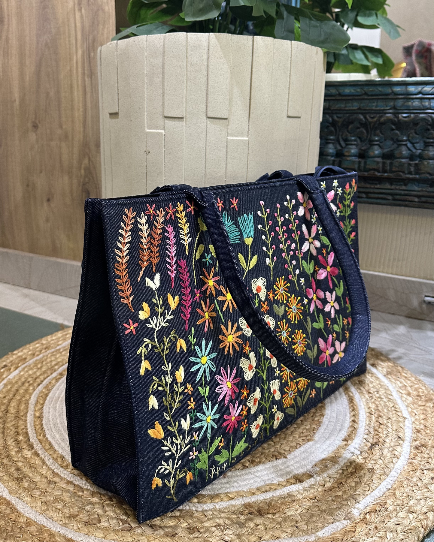 Hand-embroidered Denim Tote- Blue