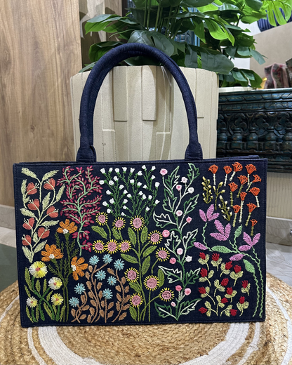 Hand-embroidered Blue  Denim Tote-