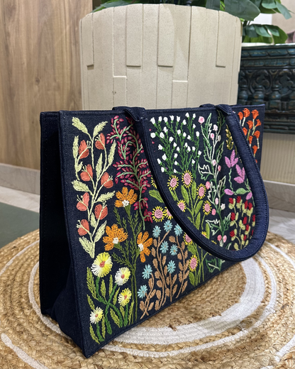 Hand-embroidered Blue  Denim Tote-