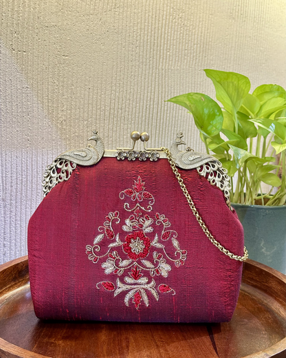 Peacock Framed Hand-Embroidered bag- MAROON