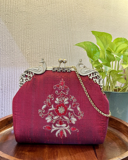 Peacock Framed Hand-Embroidered bag- MAROON