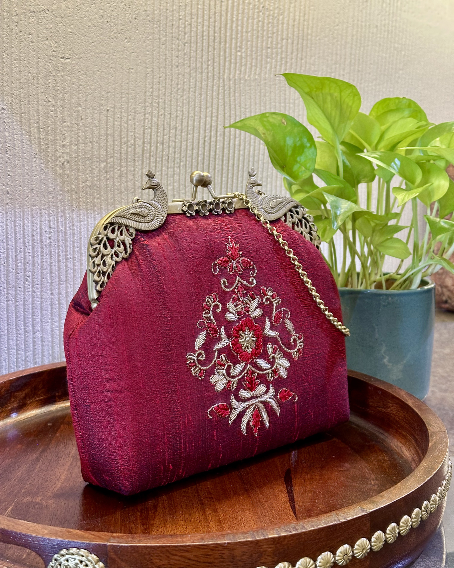 Peacock Framed Hand-Embroidered bag- MAROON