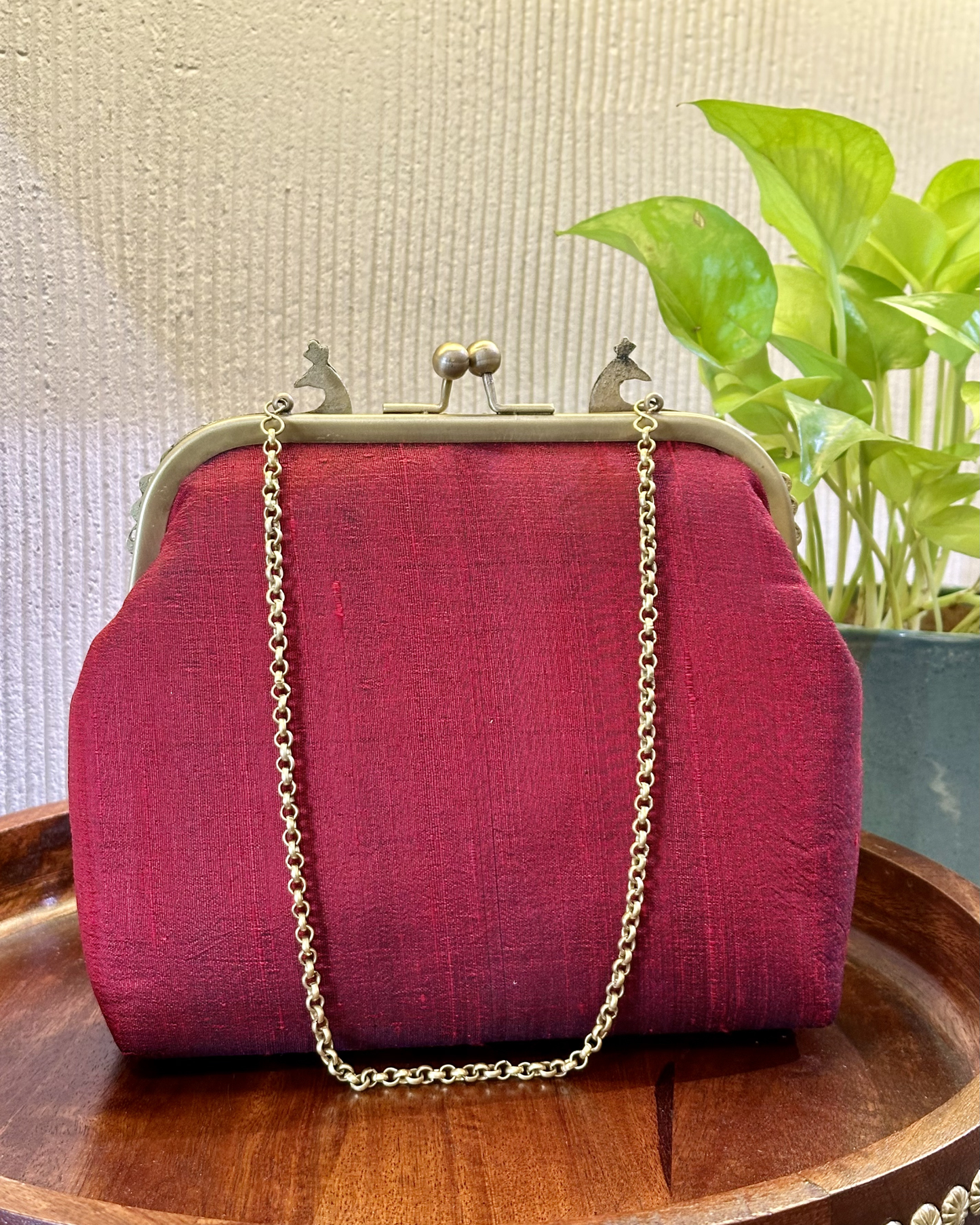 Peacock Framed Hand-Embroidered bag- MAROON