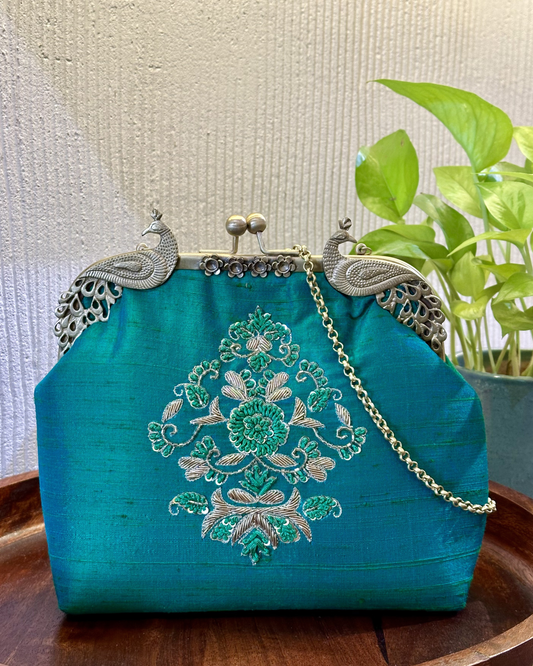 Peacock Framed Hand-Embroidered bag- SEA GREEN.