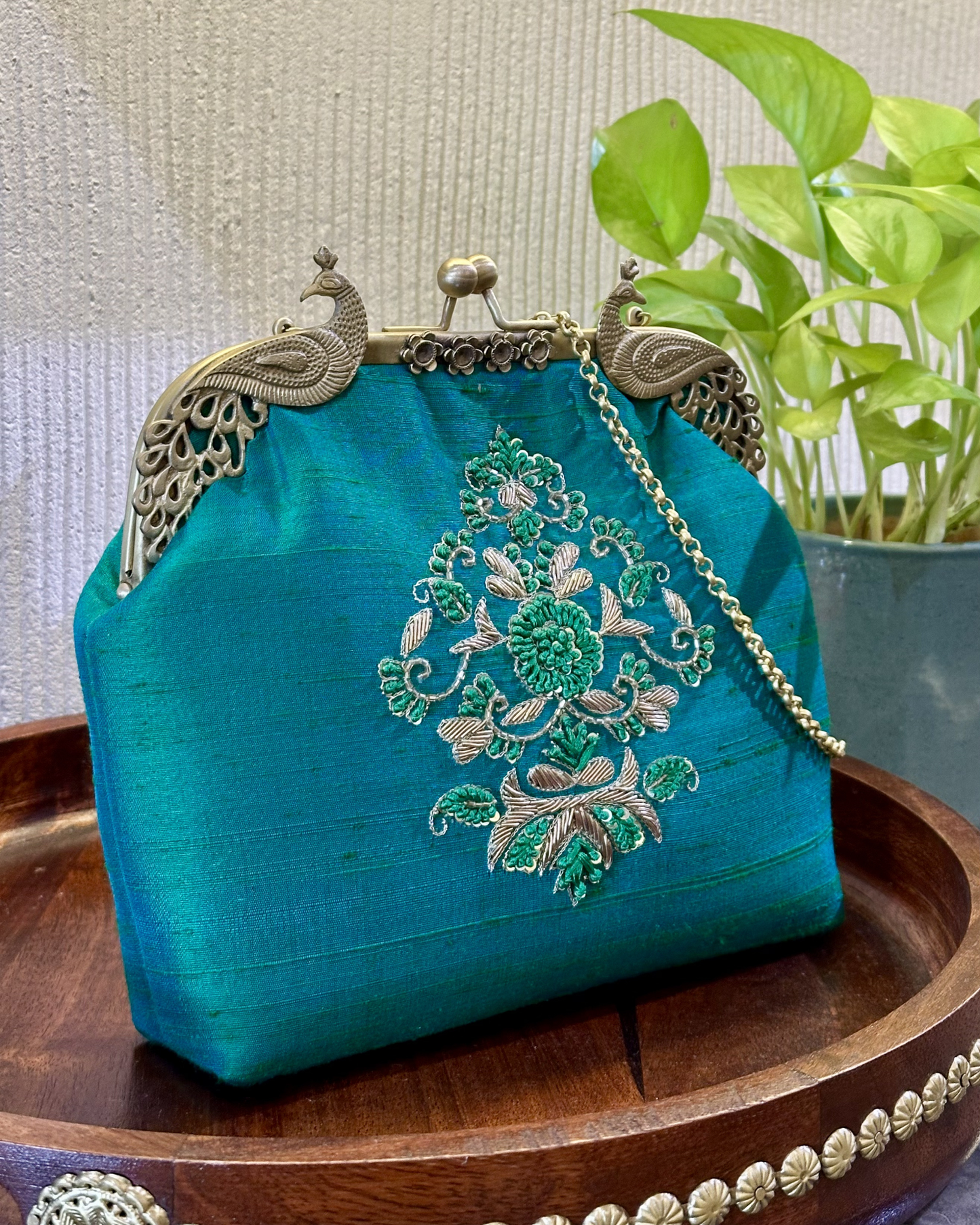 Peacock Framed Hand-Embroidered bag- SEA GREEN.